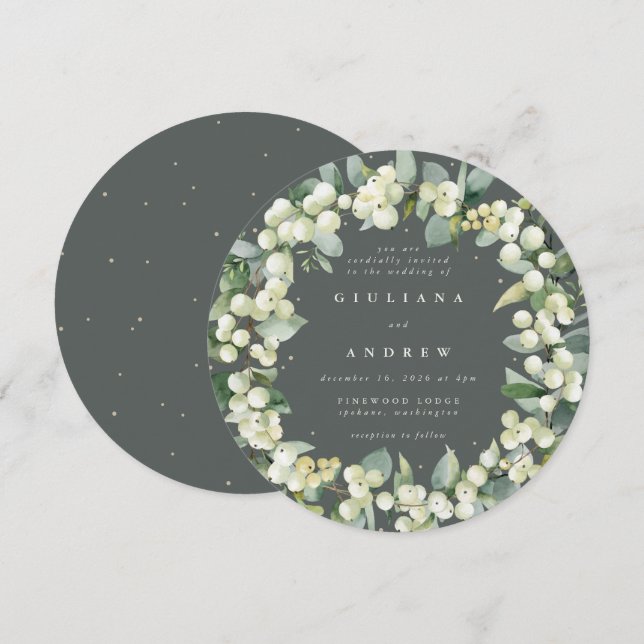 Round Green Snowberry+Eucalyptus Wreath Wedding Invitation (Front/Back)