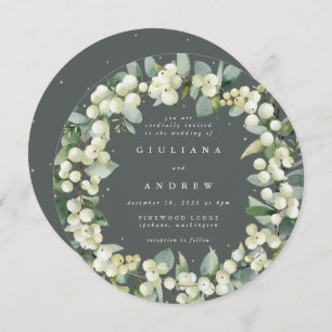 Round Green Snowberry+Eucalyptus Wreath Wedding Invitation