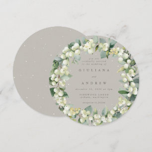 Round Greige Snowberry+Eucalyptus Wreath Wedding Invitation