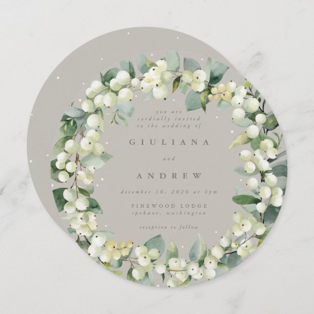 Round Greige Snowberry+Eucalyptus Wreath Wedding Invitation (Front/Back)