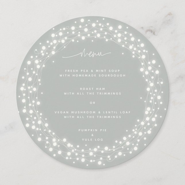 Round Grey-Green Sparkling Lights Christmas Dinner Menu (Front)