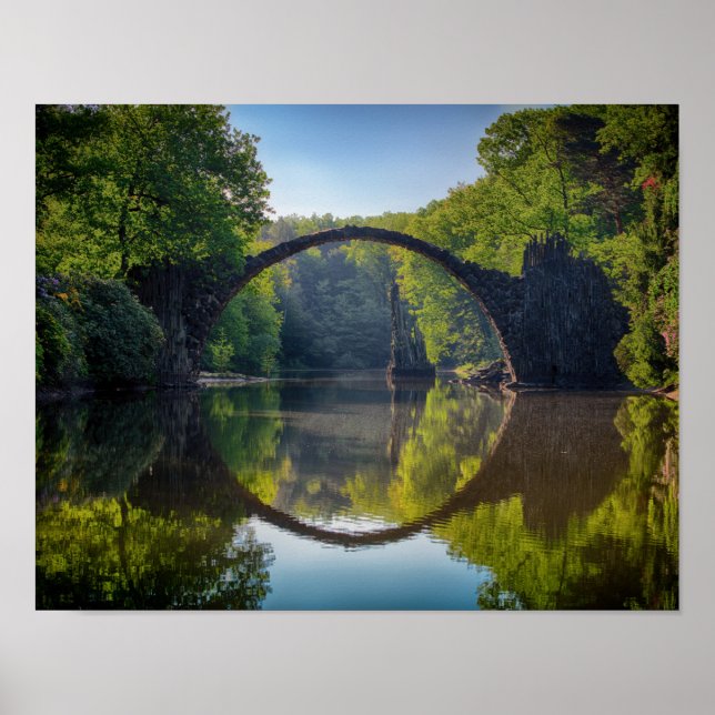 Round Grey Rock Bridge over a River in the Woods Poster (Front)