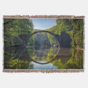 Round Grey Rock Bridge over a River in the Woods Throw Blanket