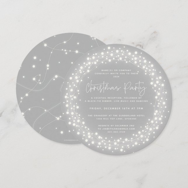 Round Grey Sparkling Lights Christmas Party Invitation (Front/Back)