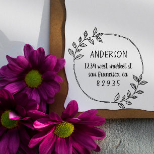 Round Hand-drawn Leaves Family Return Address Rubber Stamp