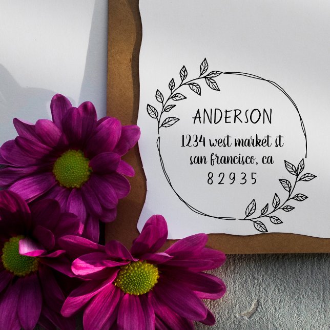 Round Hand-drawn Leaves Family Return Address Rubber Stamp (Creator Uploaded)