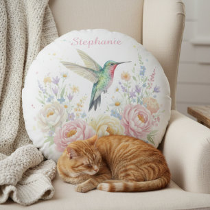 Round Hummingbird Floral Pillow – Personalized