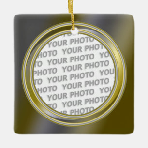 Round in Square Frame contour 01 + your photo Ceramic Ornament