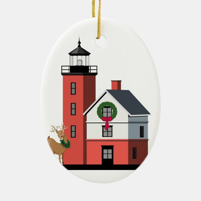 "Round Island Lighthouse Christmas Ornament" Ceramic Ornament (Back)