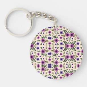 Round keychain with purple floral pattern on white