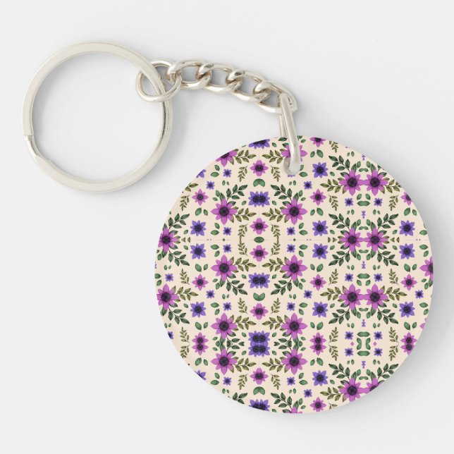 Round keychain with purple floral pattern on white (Front)