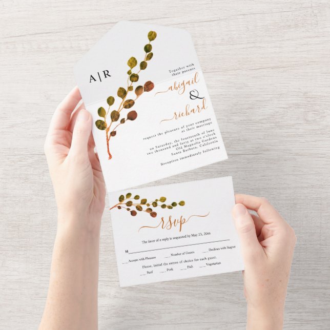 Round leaf eucalyptus branch fall colours wedding  all in one invitation (Tearaway)
