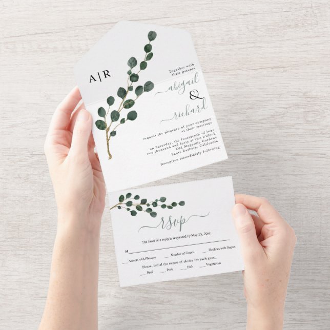 Round leaf eucalyptus branch winter wedding  all in one invitation (Tearaway)