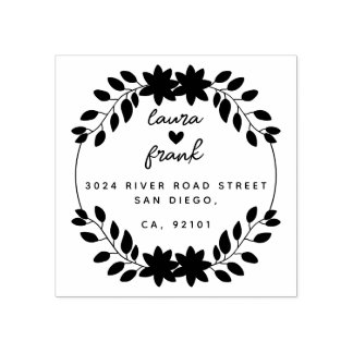 Round Leaves Couple Names Wedding Return Address Rubber Stamp