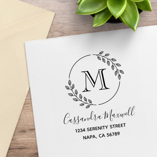 Round Leaves Wreath Monogram Address Rubber Stamp (Creator Uploaded)