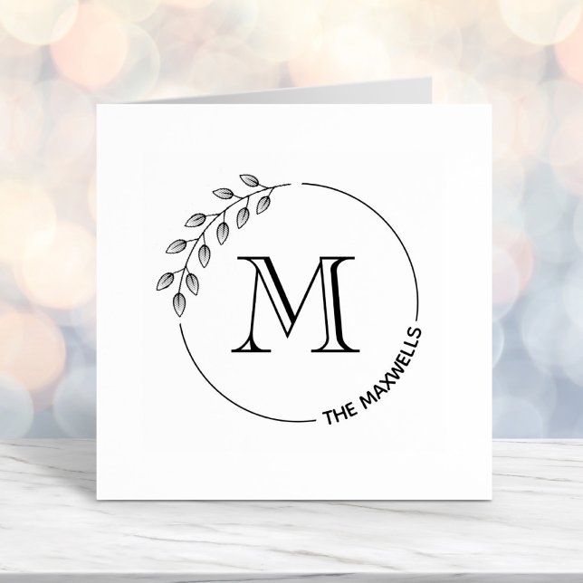 Round Leaves Wreath Monogram Initial Family Name Self-inking Stamp (Creator Uploaded)