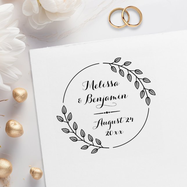 Round Leaves Wreath Wedding Save the Date Rubber Stamp (Creator Uploaded)