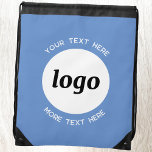 Round Logo Text Promotional Business Blue Drawstring Bag<br><div class="desc">Add your own logo and choice of text to this design.  Remove the top or lower text if you prefer.  Minimalist and professional.  Great for a promotional product for your clients and customers. Your logo will be clipped to a white circle.  For other versions,  see the collection.</div>