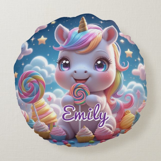 Round Lollipop Unicorn Pillow – Editable Name (Back)
