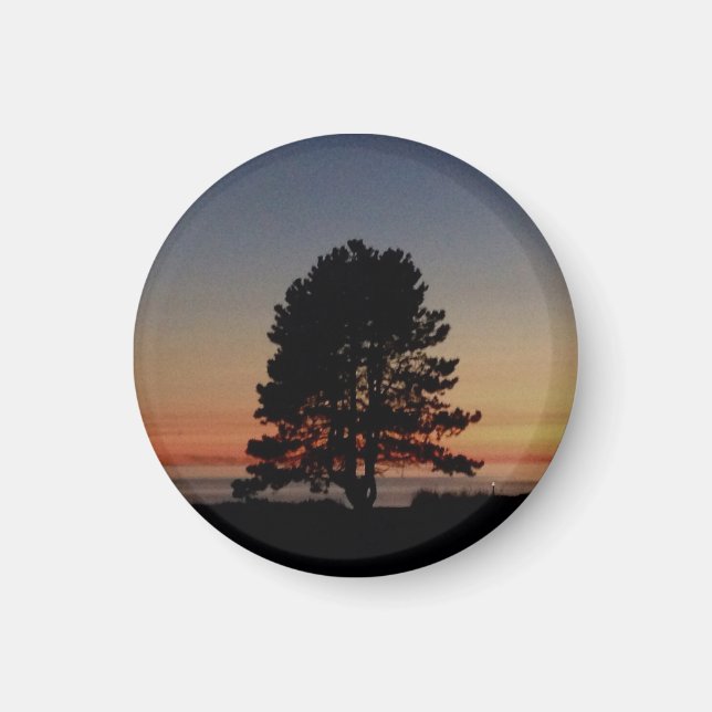 Round Magnet with single tree silhouette sunset  (Front)