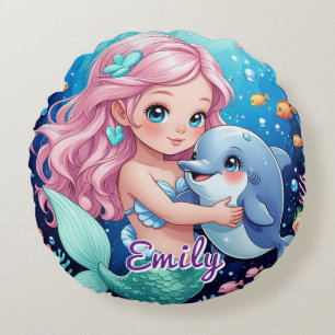 Round Mermaid & Dolphin Pillow – Personalised Gift