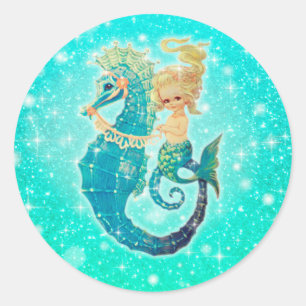 Round Mermaid Seahorse Aqua Stickers