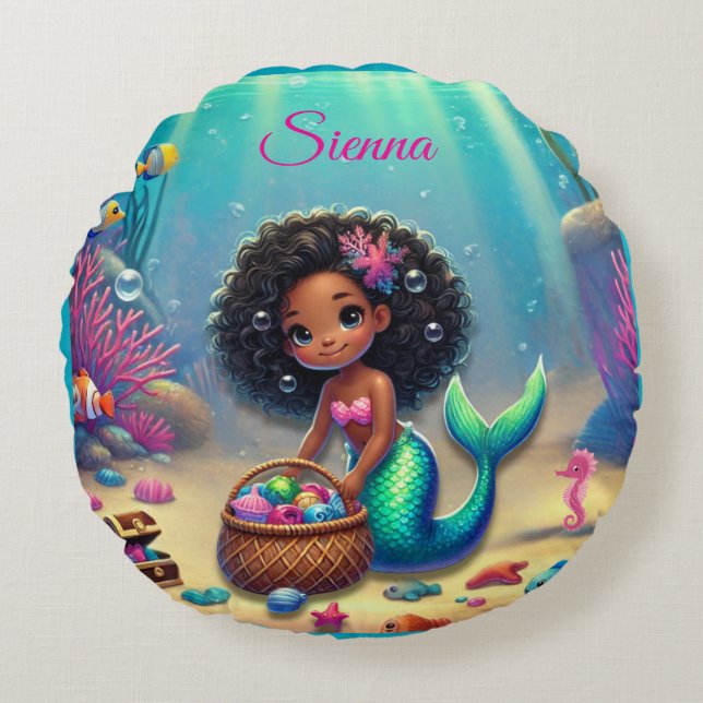 Round Mermazing Black/Mixed Heritage Throw Pillow (Front)