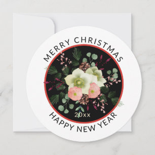 Round, Minimal Christmas White Lenten Rose Floral Holiday Card