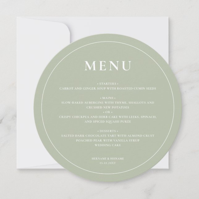Round Modern Simple Sage Green Wedding Menu (Front)