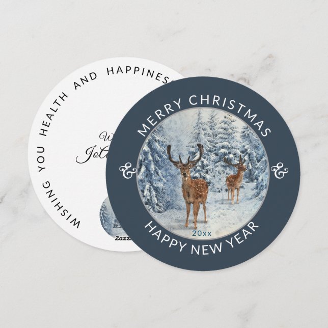 Round  Modern |  Winter Forest w/Deer | Christmas  Holiday Card (Front/Back)