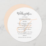 Round Monogram Wedding Menu Template<br><div class="desc">Round, or square, wedding menu template with monogram initial in blush, or peach, colour. White cards have black script for the title and printed text for the menu listing. Use spaces and uppercase lettering for sections, or change the wording as needed. The couple's wedding monogram will be printed in the...</div>