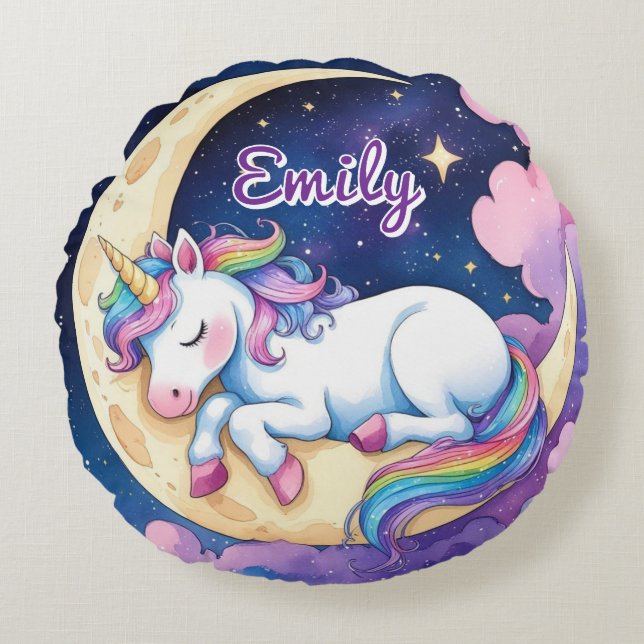 Round Moon Unicorn Pillow – Editable Name (Front)