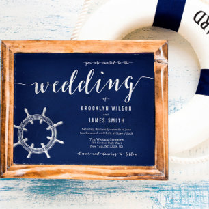 Round Nautical Navy Blue Wedding Invites Wheel