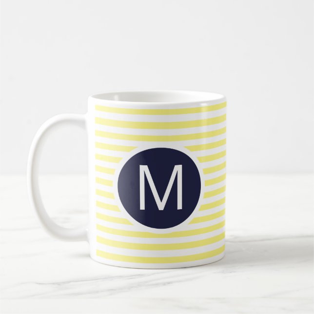 Round Navy Blue Monogram on Yellow Striped Mug (Left)