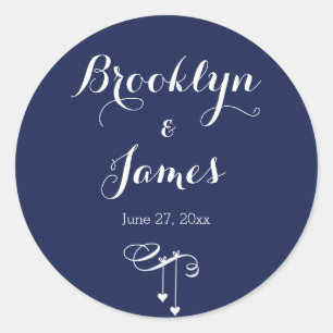 Round Navy Blue Wedding Stickers With Hearts
