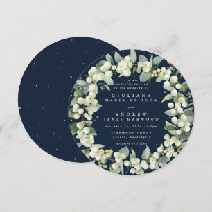Round Navy Snowberry+Eucalyptus Wreath Wedding Invitation