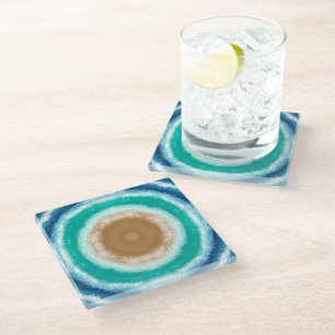 Round Ocean Waves Teal and Turquoise Glass Coaster