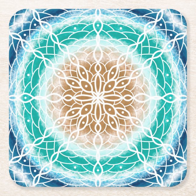 Round Ocean Waves Teal and Turquoise Mandala   Square Paper Coaster (Front)