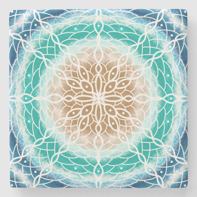 Round Ocean Waves Teal and Turquoise Mandala   Stone Coaster (Front)