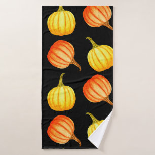 Round Orange and yellow pumpkin. Seamless watercol Bath Towel