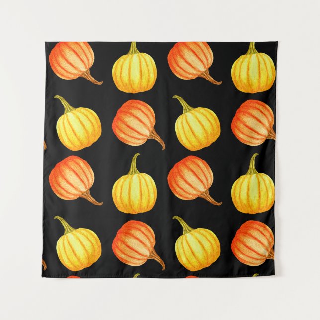 Round Orange and yellow pumpkin. Seamless watercol Tapestry (Front)