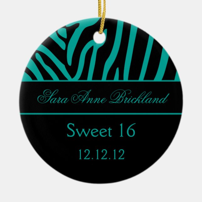 Round Ornament Teal Black Zebra Sweet 16 (Front)