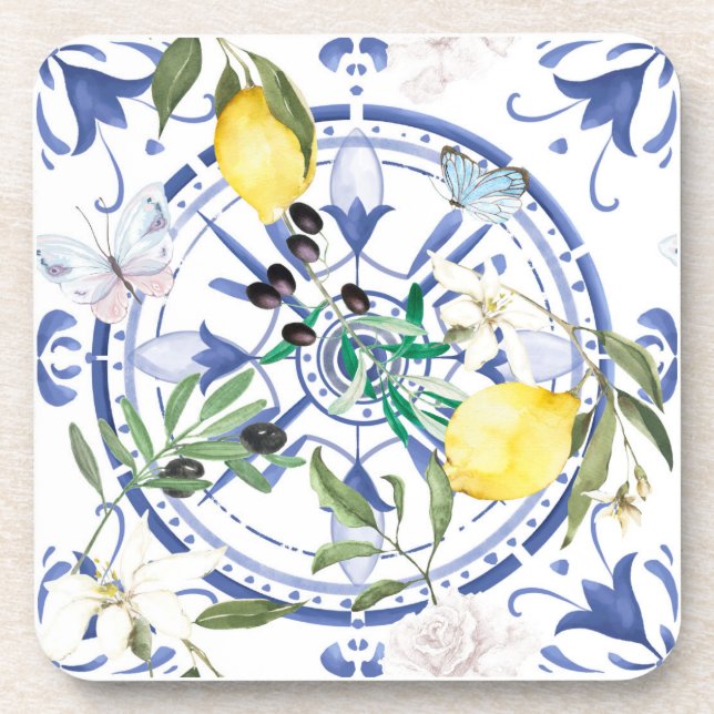 Round,ornate ,Spanish tile ,mediterranean ,lemon, Coaster (Front)