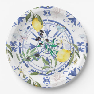 Round,ornate ,Spanish tile ,mediterranean ,lemon, Paper Plate