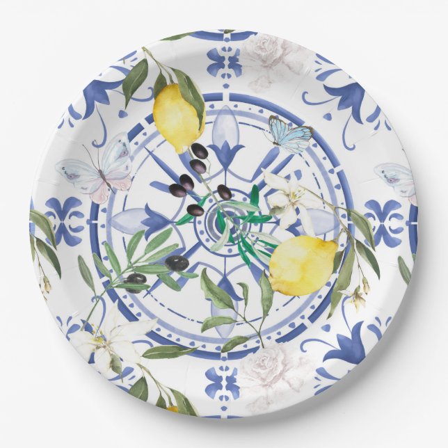 Round,ornate ,Spanish tile ,mediterranean ,lemon, Paper Plate (Front)