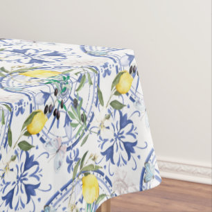 Round,ornate ,Spanish tile ,mediterranean ,lemon, Tablecloth