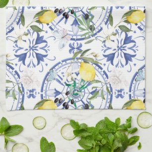 Round,ornate ,Spanish tile ,mediterranean ,lemon, Tea Towel