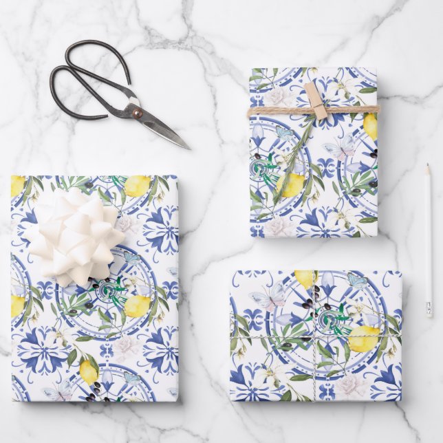 Round,ornate ,Spanish tile ,mediterranean ,lemon, Wrapping Paper Sheet (Front)