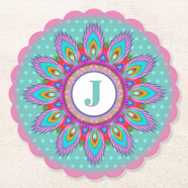 Round paper coaster psychedelic custom initials (Front)