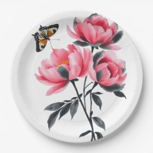 Round Paper Plate, 9” - Peonies, Butterfly Plate